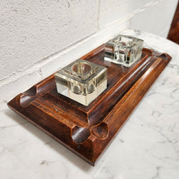 Edwardian Desk & Double Ink & Pen Holder on Wooden Stand.  Original Condition. It has been sourced from France and is in good original detailed condition.