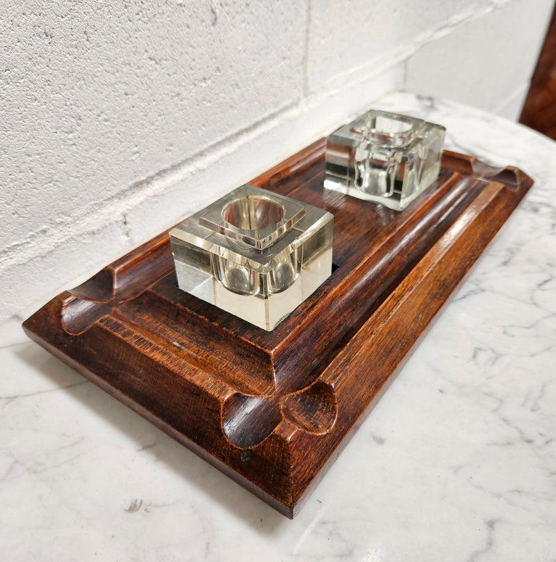 Edwardian Desk & Double Ink & Pen Holder on Wooden Stand.  Original Condition. It has been sourced from France and is in good original detailed condition.