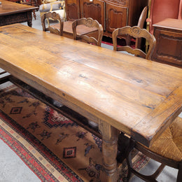 Large impressive 19th century 2.5 meter Antique French Oak farmhouse table. Loads of character with a stunning solid thick top and has a long drawer at one end. Sourced from France and in good original detailed condition.