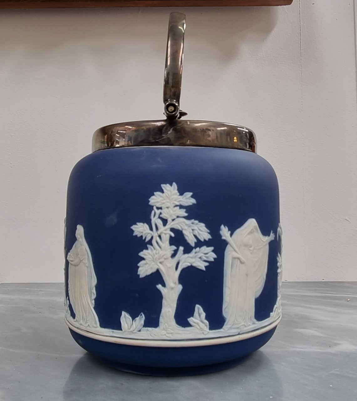 Wedgwood Blue Adam's Jasperware Biscuit Barrel