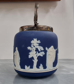 Wedgwood Blue Adam's Jasperware Biscuit Barrel | Antique & Vintage | Moonee Ponds Antiques | Australia Wide Delivery