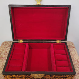 Vintage unusual Camphor Wood valet fitted jewelry box with nicely carved phoenix on the top. It is in good original detailed condition.