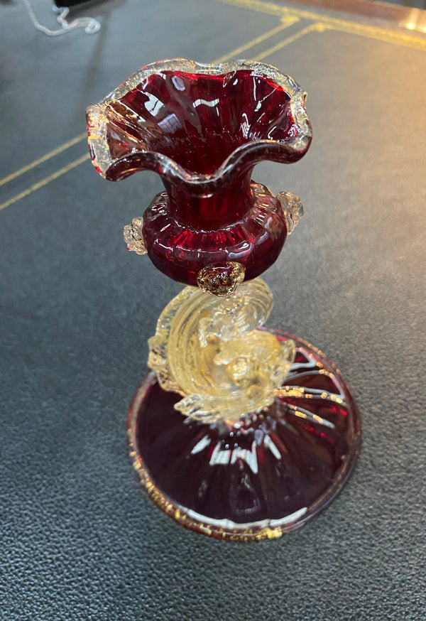 Murano/Venetian ruby, clear & gilt glass aventurine vase with fish decoration.
