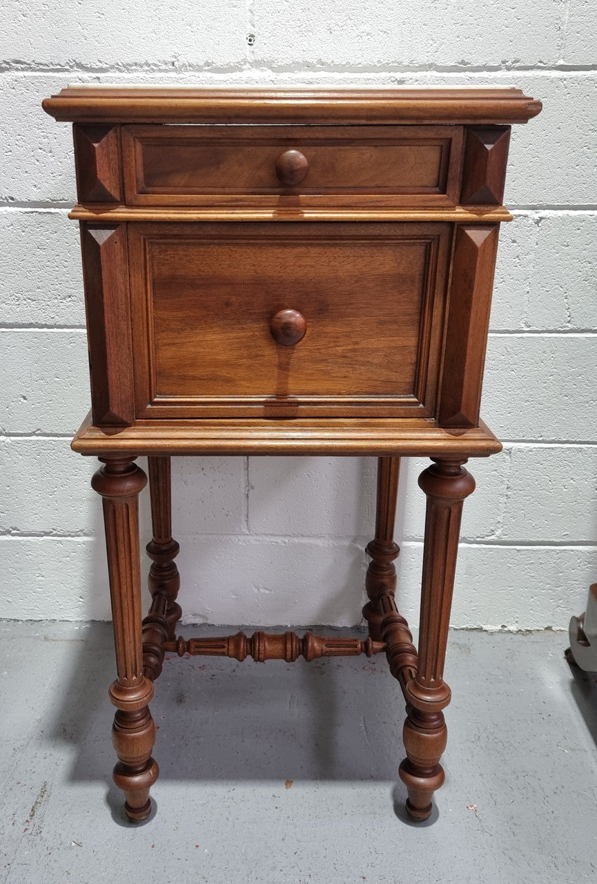 French Walnut Henry II Style Bedside Cabinet With White Marble Top