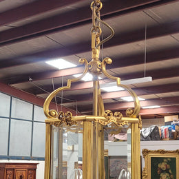 Charming three globe French bronze hexagonal ceiling light with beveled glass. Fully rewired to Australian standards and has been sourced from France. In good original condition.