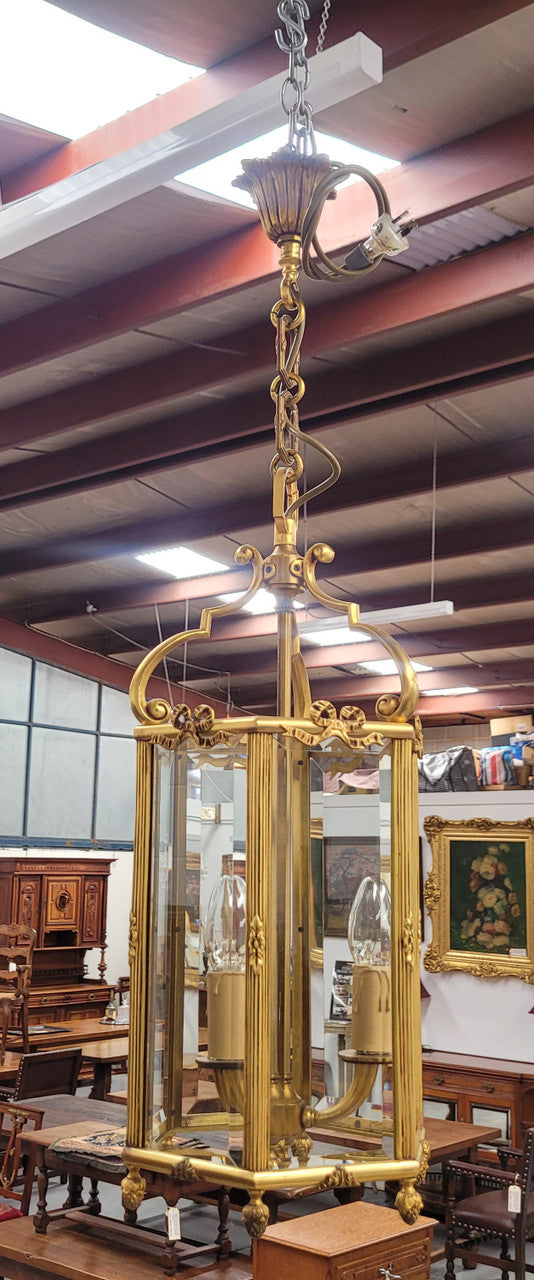 Charming three globe French bronze hexagonal ceiling light with beveled glass. Fully rewired to Australian standards and has been sourced from France. In good original condition.