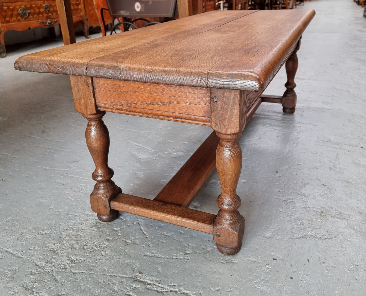 Fabulous Rustic French Oak coffee table with two drawers. It is in good original detailed condition.