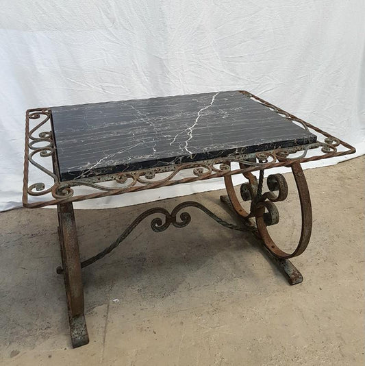 French Portoro Marble Top Wrought Iron Coffee Table