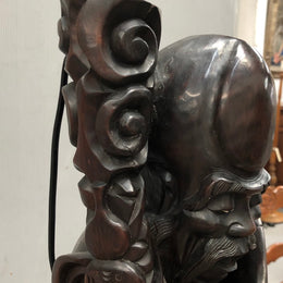 Antique Chinese hand carved Rosewood Immortal "Shou Xing" God of longevity lamp base. Profusely inlaid with brass cloisons. Meiji period Circa 1880.