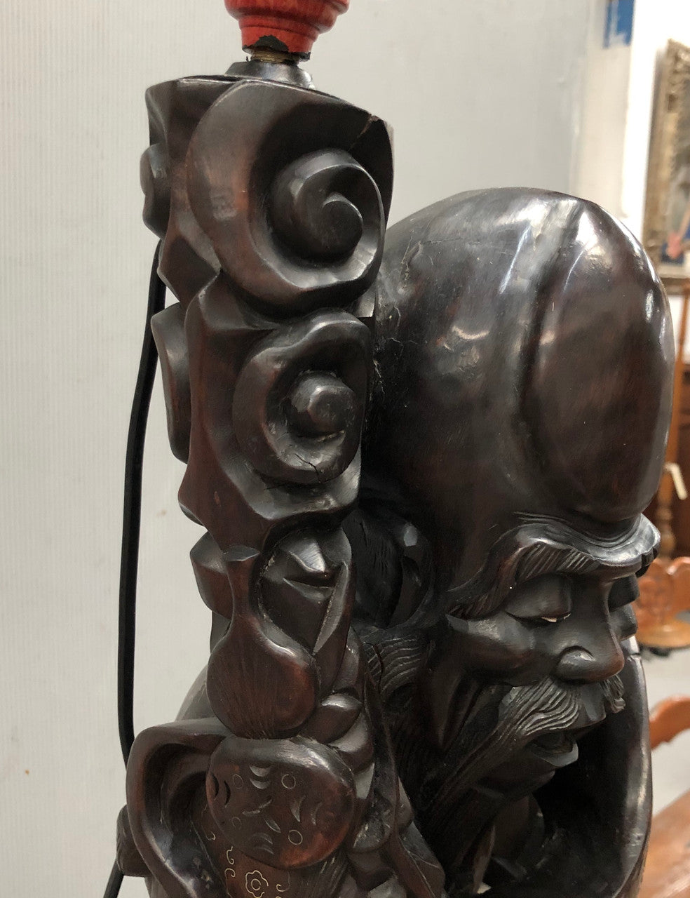 Antique Chinese Hand Carved Rosewood Immortal "Shou Xing" Lamp Base | Antique & Vintage | Moonee Ponds Antiques | Australia Wide Delivery