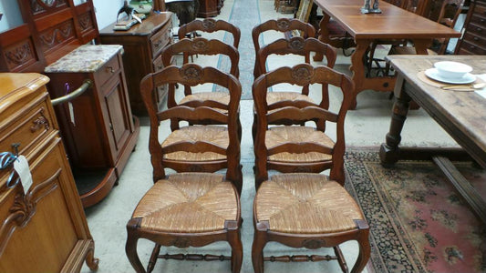 Set of Six French Oak Rush Seat Dining Chairs