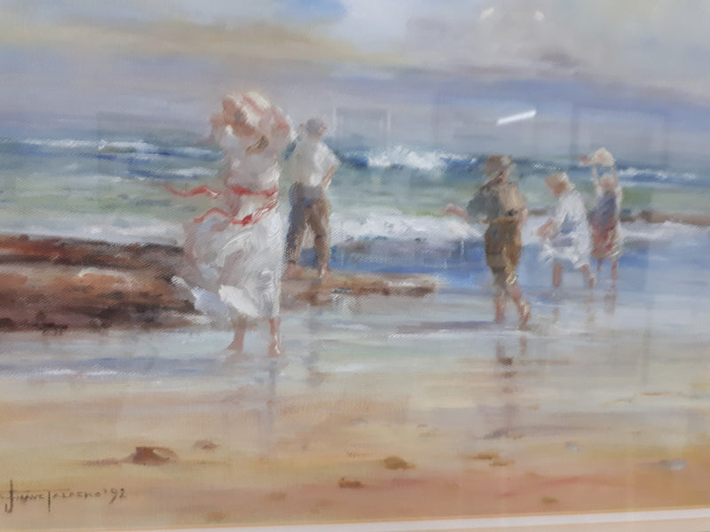 An oil on canvas on board framed and under glass a beautiful painting of a "Windy day at the beach Mornington" by Australian Artist Judy Talacko.