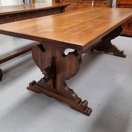 Lovely solid French Oak Farmhouse table with a beautiful stretcher base. Sourced from France and in good original detailed condition.