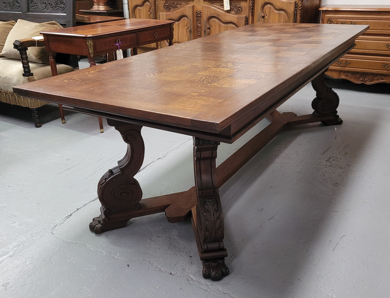 Stunning 2.55 meter French Spanish style parquetry top Oak table. Amazing one piece top and it is in good original detailed condition.