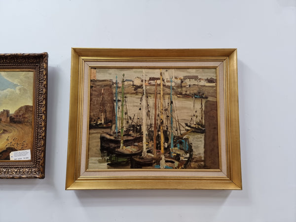 Fabulous signed Vintage boat scene oil on canvas painting in gilt frame. In good original detailed condition.