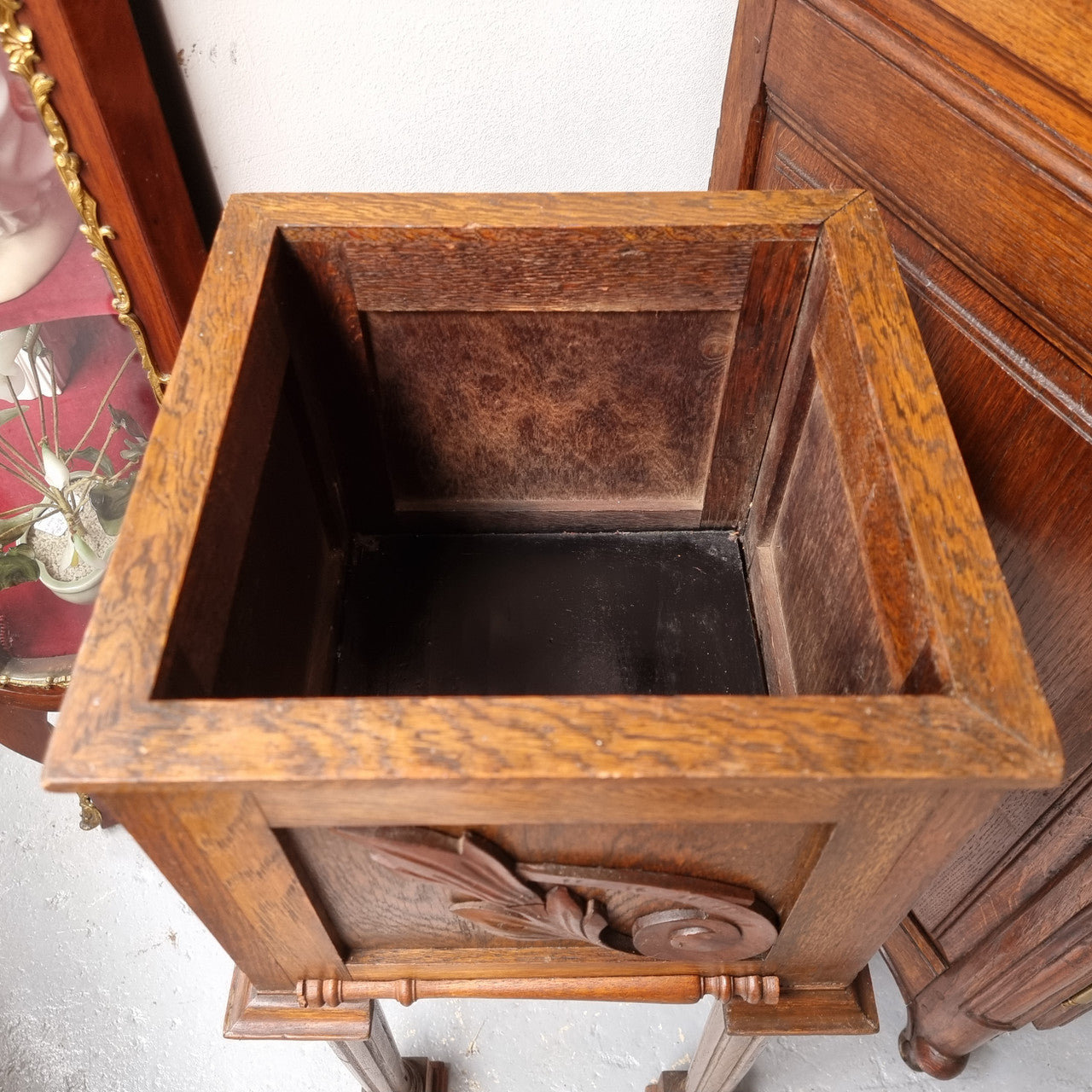 Wooden Arts and Crafts pedestal planter stand with decorative carvings. Sourced locally and is in good original condition.