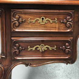 Antique French Walnut and parquetry top Louis XV style partners desk. In good original detailed condition.