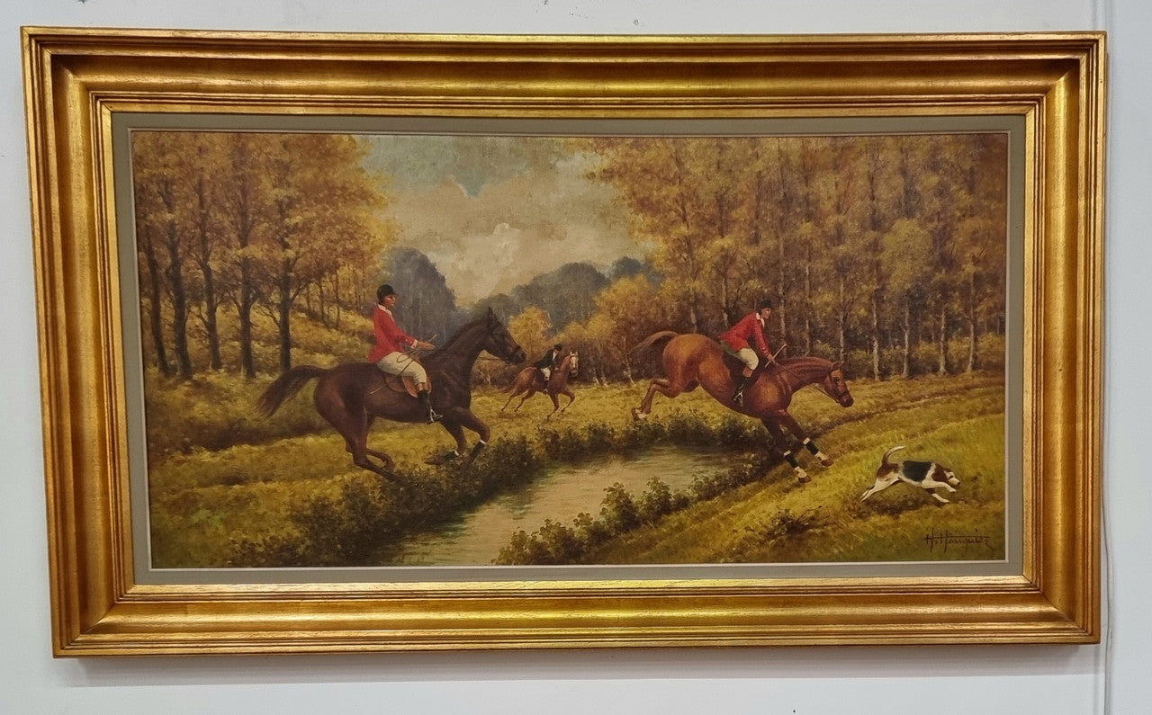 Large signed oil painting on canvas of a "Fox Hunt" scene. Sourced in France and is in good original detailed condition.