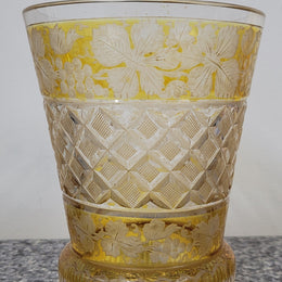 Antique Amber Bohemian acid etched and wheel engraved crystal vase. It has a stunning frieze of vine branches and a star cut base. It is in good original condition, please view photos as they help form part of the description.