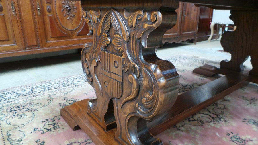 French Oak Extension Table With Carved Ornate Base