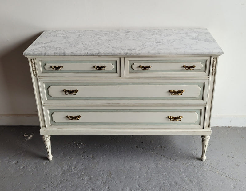 Charming Vintage French Louis 16th style original chalk painted chest of four drawers. It has been sourced from France and in good original condition.