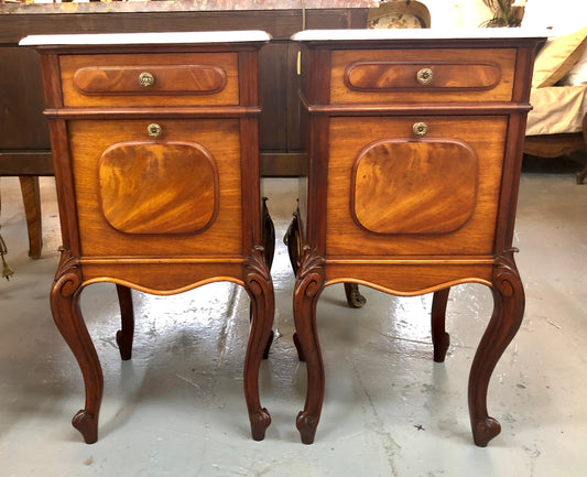 Pair Of White Marble Top Mahogany Bedside Cabinets