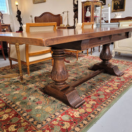 French Walnut Monastery table with two internal drawers. This table can be used as a dining table or as a large desk. It has been sourced from France and is in good original detailed condition.