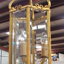 Charming three globe French bronze hexagonal ceiling light with beveled glass. Fully rewired to Australian standards and has been sourced from France. In good original condition.