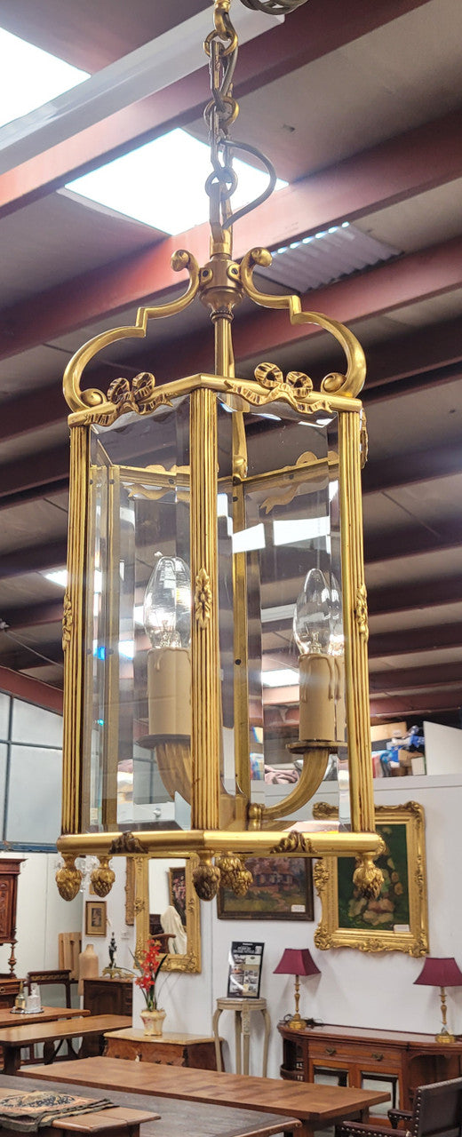 Charming three globe French bronze hexagonal ceiling light with beveled glass. Fully rewired to Australian standards and has been sourced from France. In good original condition.