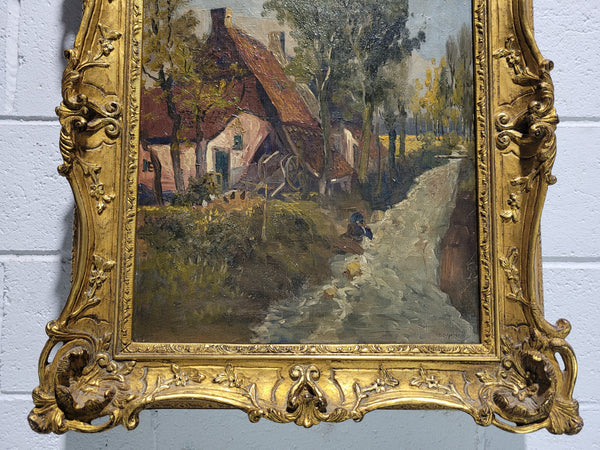 Stunning french oil on canvas signed “Dykman” painting, depicting farmhouse scene and in original gilt frame.