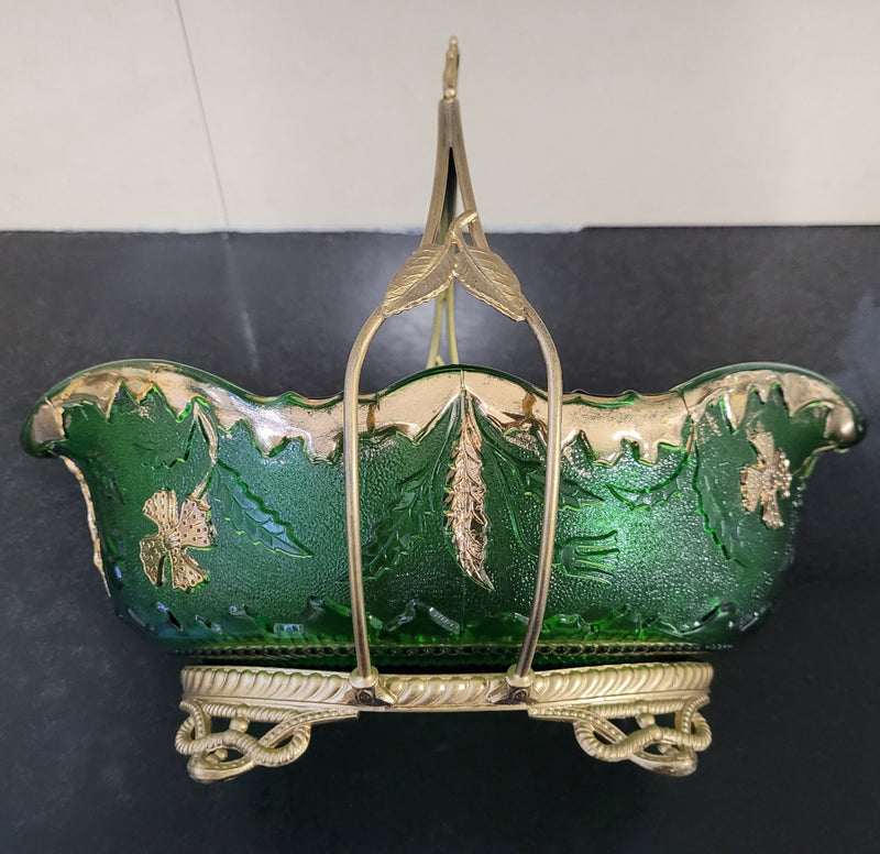 Victorian emerald green and gilt decorated glass bowl with ornate gilt metal stand. It is in good original condition, please view photos as they help form part of the description.
