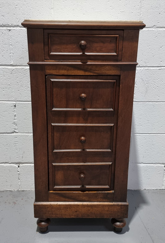 French Walnut bedside/occasional cabinet with one drawer and a cupboard and marble top in good original condition.