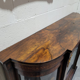 Victorian Rosewood inlaid side cabinet/credenza with velvet lined shelves and gilt mounts. It has been sourced locally and is in good original condition with loads of character.