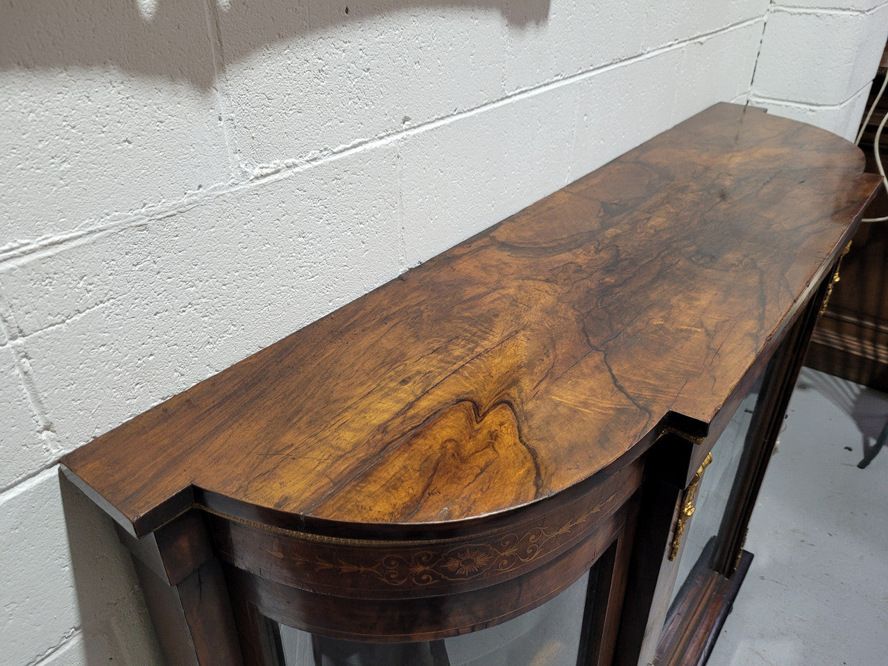 Victorian Rosewood inlaid side cabinet/credenza with velvet lined shelves and gilt mounts. It has been sourced locally and is in good original condition with loads of character.