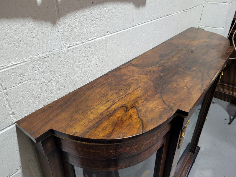 Victorian Rosewood inlaid side cabinet/credenza with velvet lined shelves and gilt mounts. It has been sourced locally and is in good original condition with loads of character.