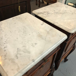 Pair Of White Marble Top Mahogany Bedside Cabinets