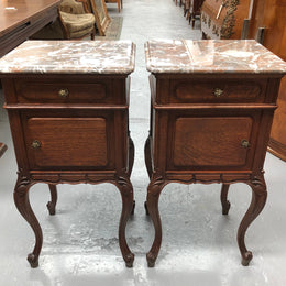 Pair Of  French Oak & Marble Top Bedsides