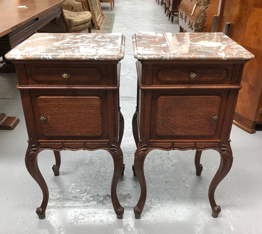 Pair Of  French Oak & Marble Top Bedsides