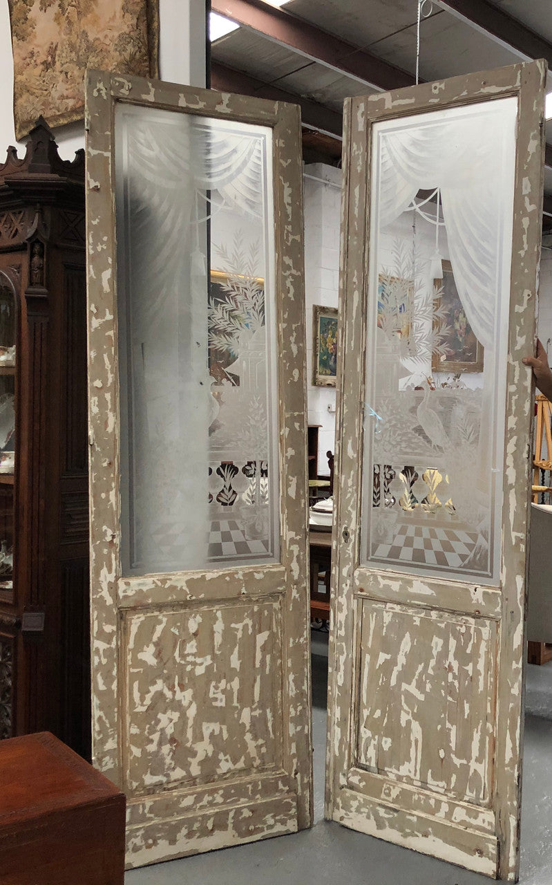 Stunning French Antique 19th century pair of doors with acid etched panels and are in good original condition.