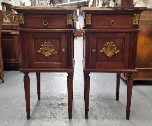 Pair of Louis XVI Style Mahogany Bedsides with Marble Tops and Impressive Ormolu Mounts