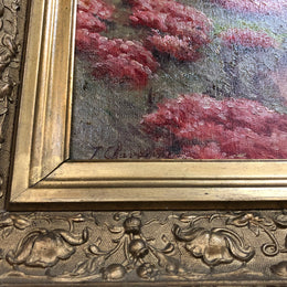 Beautiful French country scene oil on canvas in a lovely decorative frame in good original condition..