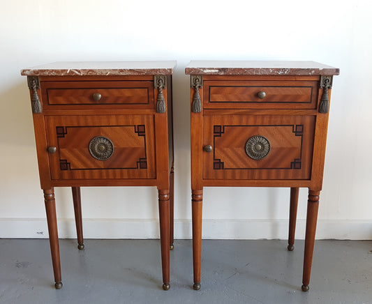 Pair Of French inlaid & Marble Top Bedsides