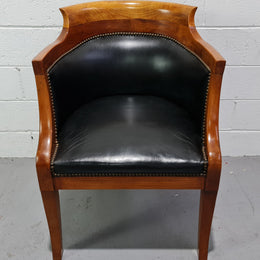Antique Empire style Walnut and leather office desk chair. In good original detailed condition and leather is in good used condition.