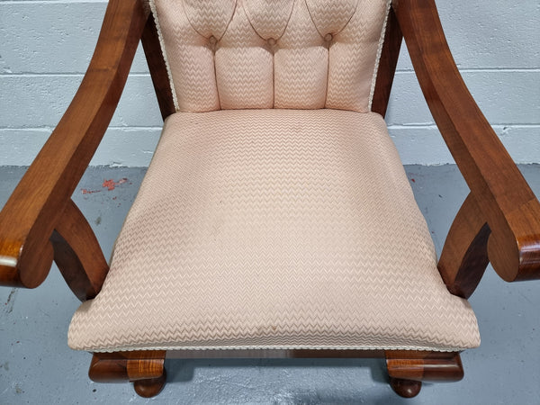 Australian Fiddleback Blackwood upholstered armchair with queen anne legs. In good original condition.