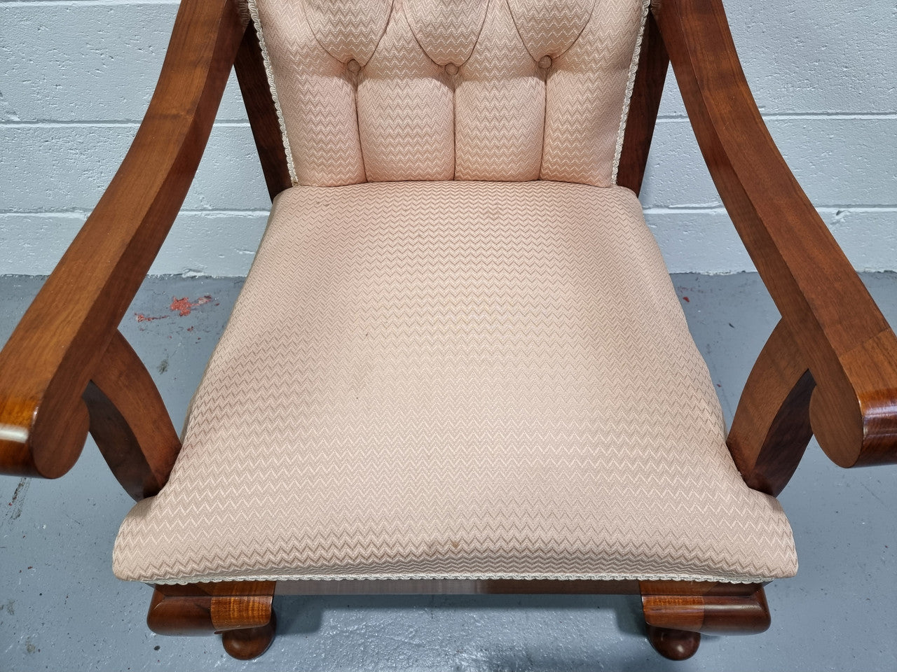 Australian Fiddleback Blackwood Button Back Upholstered Armchair with Queen Anne Legs | Antique & Vintage | Moonee Ponds Antiques | Australia Wide Delivery