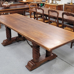 Amazing French Oak Spanish Renaissance style dining table with beautiful decorative iron work. It has been sourced from France and can comfortable seat 8- 10 people. Sourced from France and is good original detailed condition.