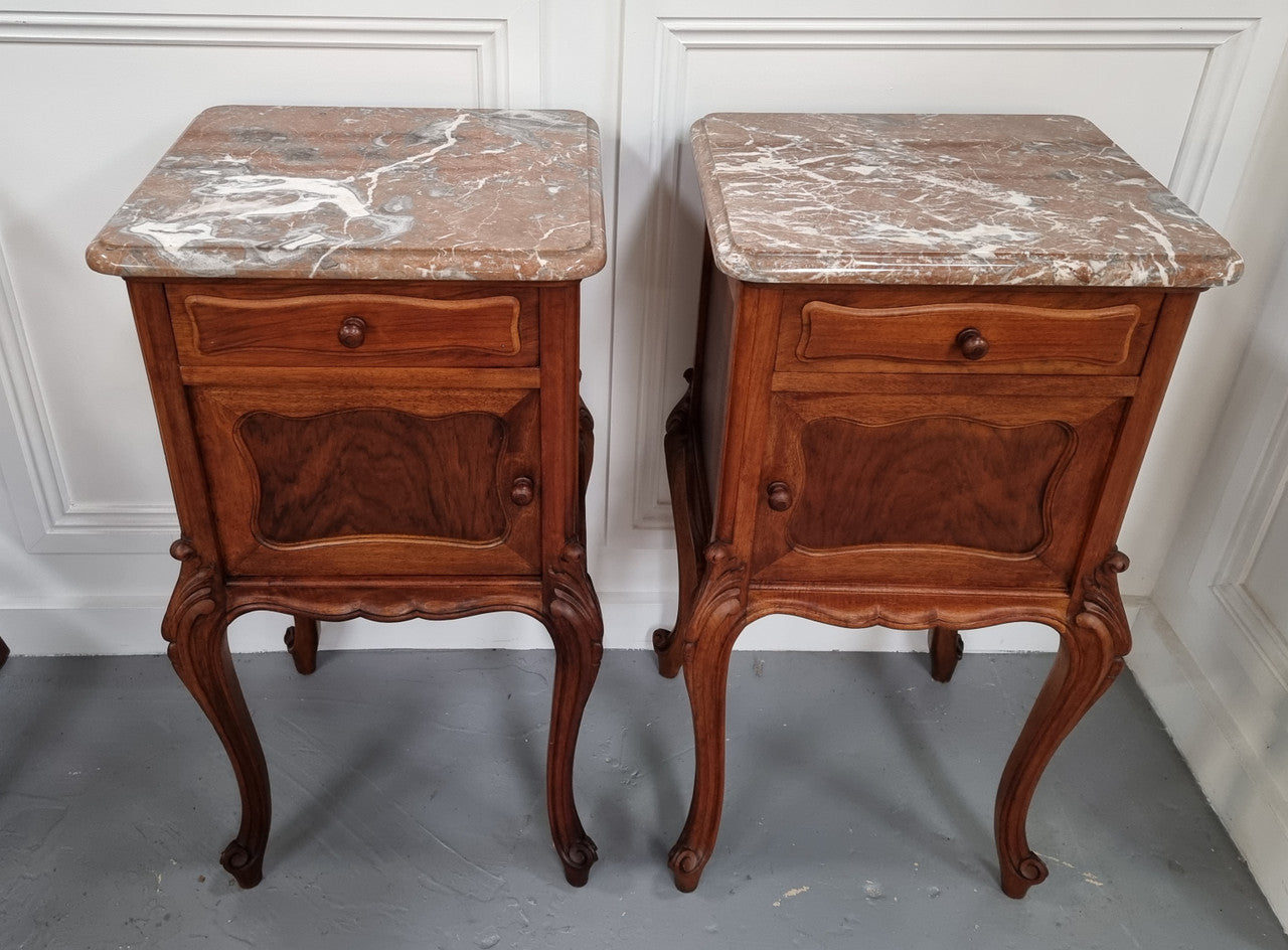 French Louis XVI Style Figured Walnut Marble Top Bedsides | Antique & Vintage | Moonee Ponds Antiques | Australia Wide Delivery