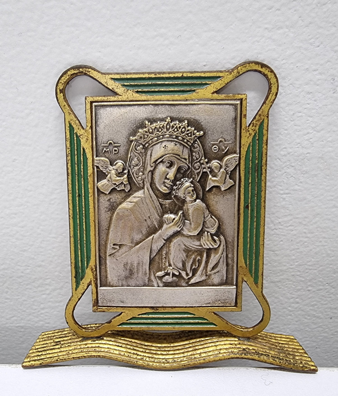 Art Deco Silver Gilt Brass & Enamel Religious Icon