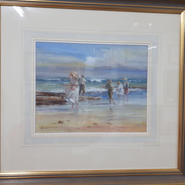 An oil on canvas on board framed and under glass a beautiful painting of a "Windy day at the beach Mornington" by Australian Artist Judy Talacko.