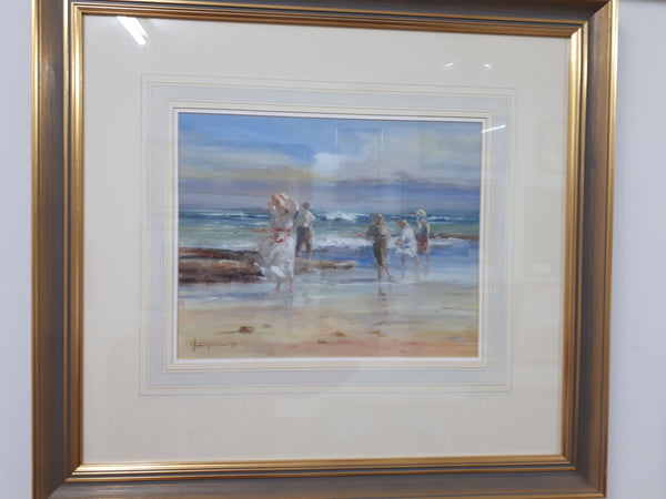 An oil on canvas on board framed and under glass a beautiful painting of a "Windy day at the beach Mornington" by Australian Artist Judy Talacko.